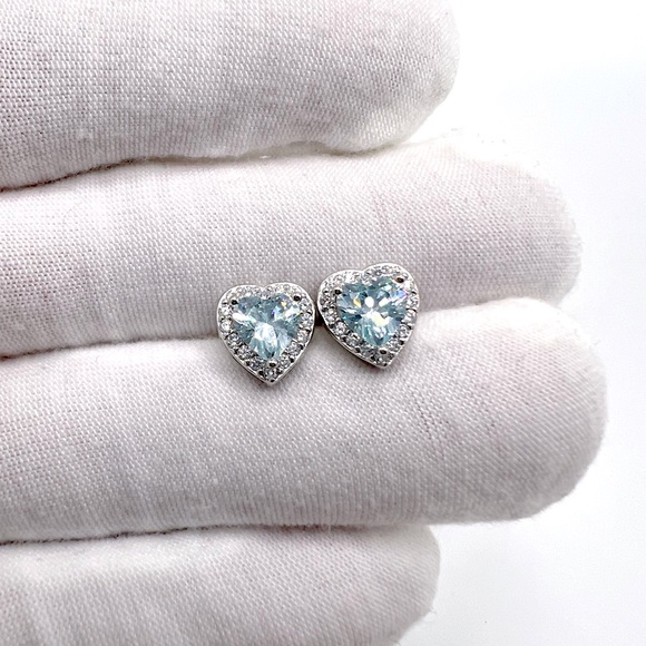 .925 Sterling Silver Aquamarine Cz & Clear Cz Heart Earrings - Picture 2 of 16